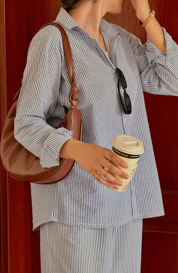 Textured Cotton Shirt- Blue Wide Stripes