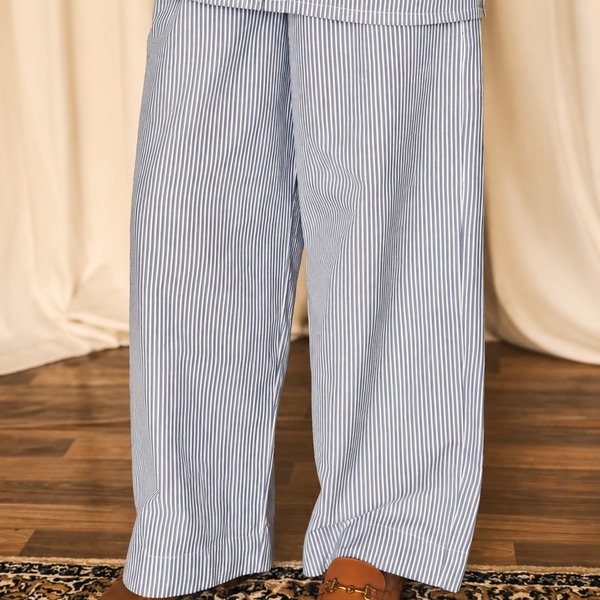Textured Cotton Wide Leg Pants- Blue Wide Stripes