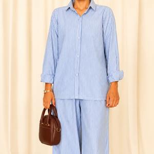Textured Cotton Shirt- Blue Wide Stripes