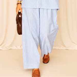 Textured Cotton Wide Leg Pants- Blue Wide Stripes