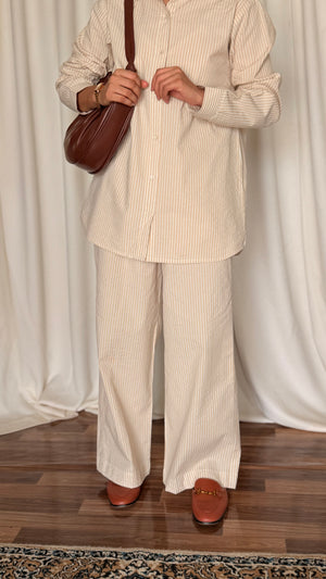 Textured Cotton Wide Leg Pants- Beige Stripes