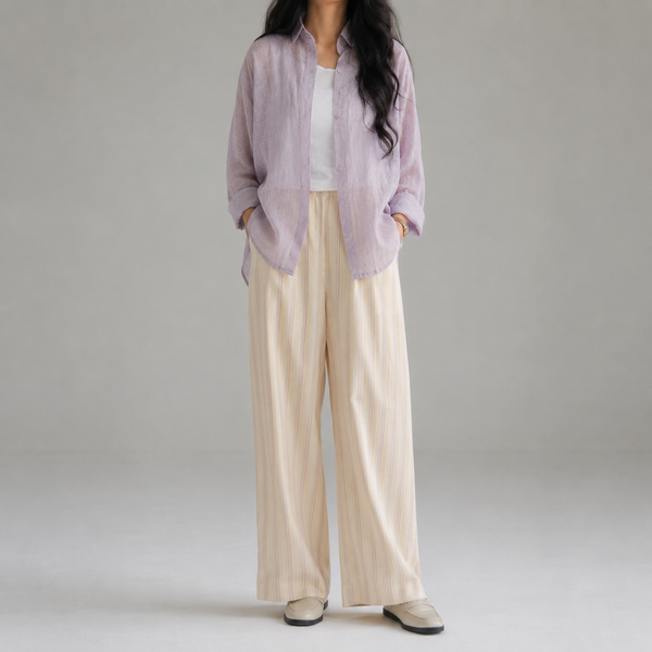 Linen Shirt & Multi Stripe Cotton Pants Coord Set- Lilac