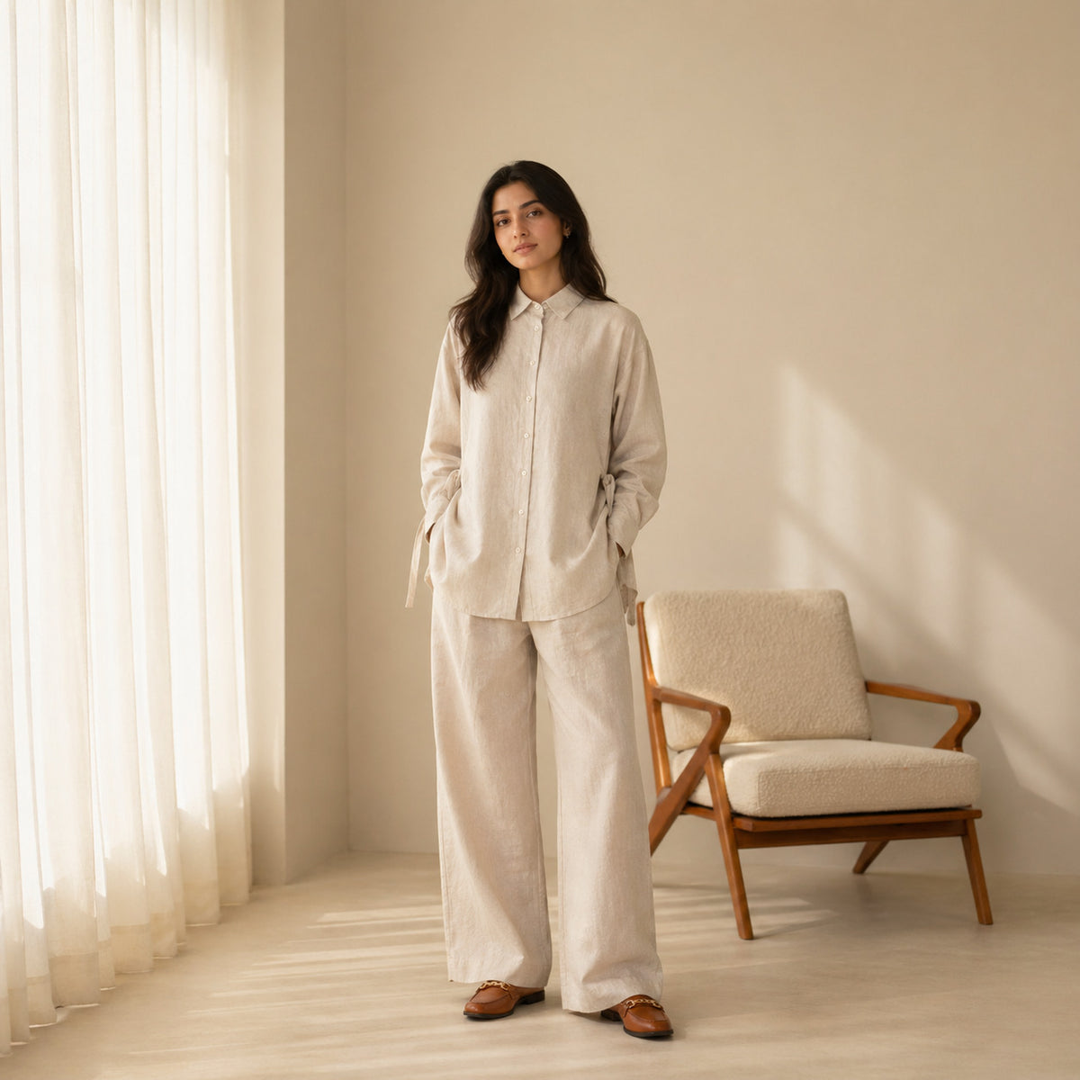 Woman in a beige outfit standing in a room with a chair and curtains.